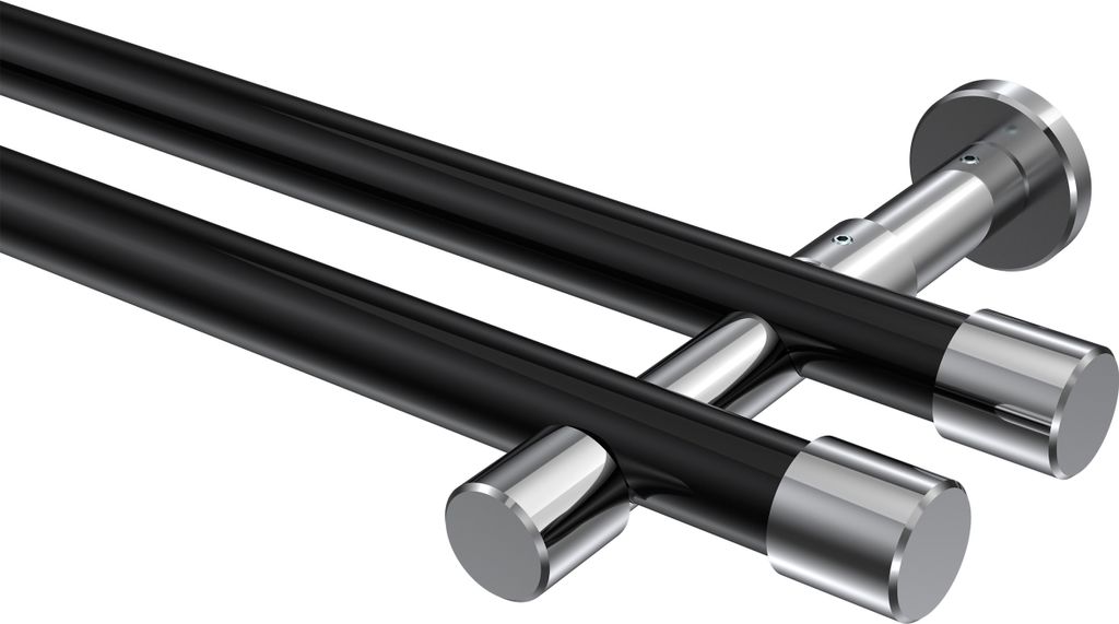 Interdeco Gardinenstange / Vorhangstange Schwarz / Chrom, Typ Prestige Santo (Kappe) ohne Ringe, 20 mm Ø 2-läufig, 260 cm