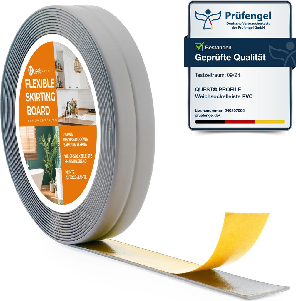 A roll of flexible grey skirting board with adhesive backing is shown, with a certification label in the background.