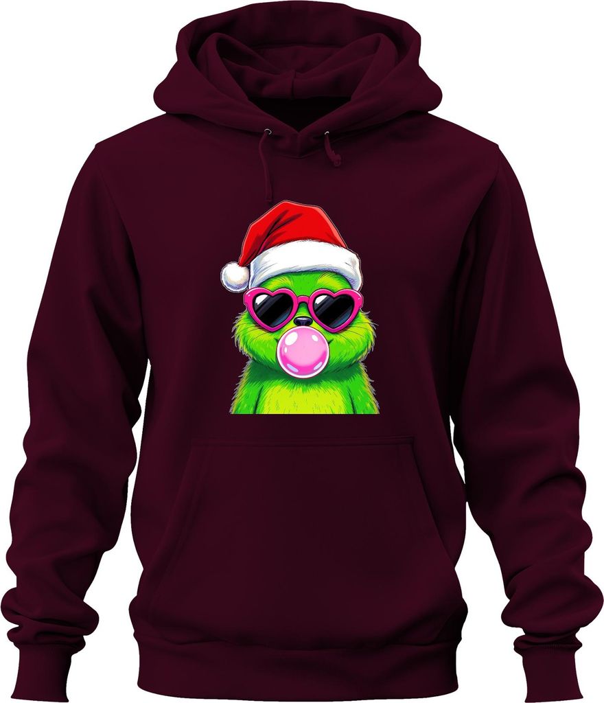 Weihnachtsmonster Grün Bubblegum Kaugummi Herzbrille Santa Cool Uni Hoodie Kapuzenpullover, Burgundy, S