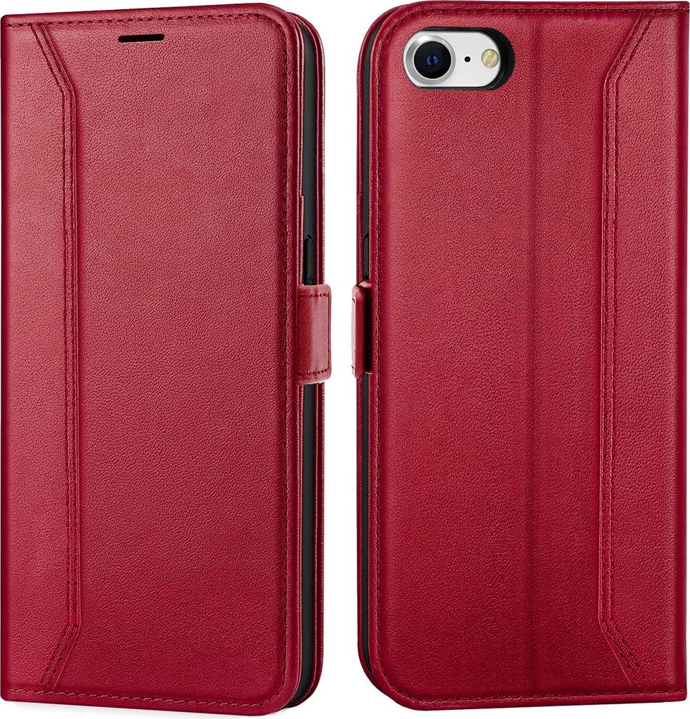 A red flip case for a smartphone is shown from the front and back.