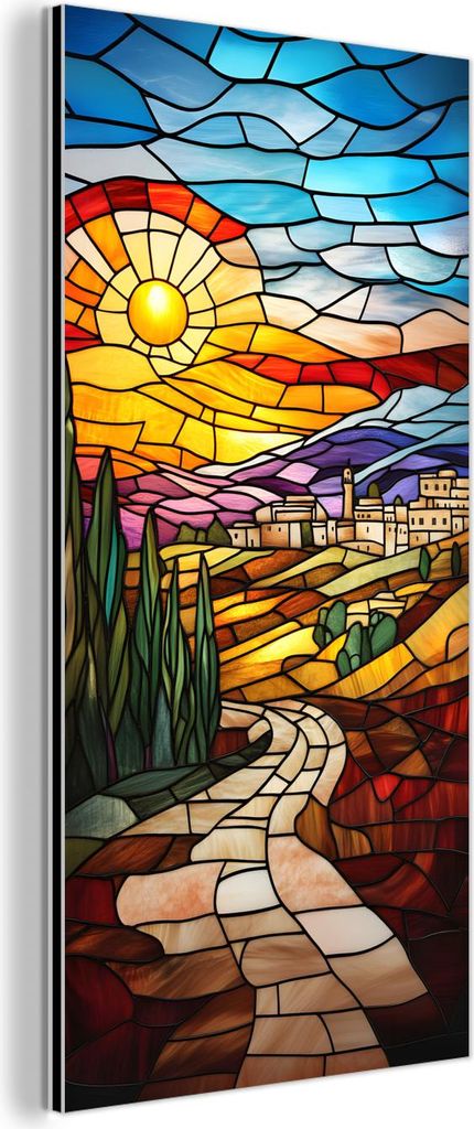 MuchoWow Wanddekoration Metall Metallbild Wandkunst 40x80 cm Mosaik - Sonne - Landschaft - Dorf MuchoWow Aluminium Gemälde - Wanddekoration - Indu...
