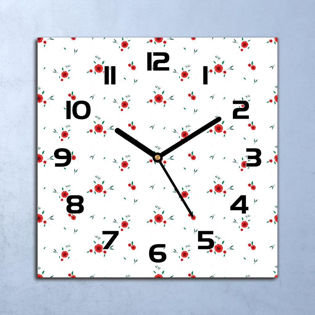 Wanduhr Echt-Glas-Küchenuhr Kleine rote Blumen Quarz 30x30 Deko Bilder