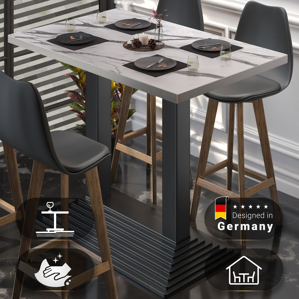 BPY | Bistro Stehtisch | 120 x 70 x 112 cm | Edelstahl Rand | Rechteckig | Weiß Marmor / Schwarz | Gastro Steh Tisch Restaurant