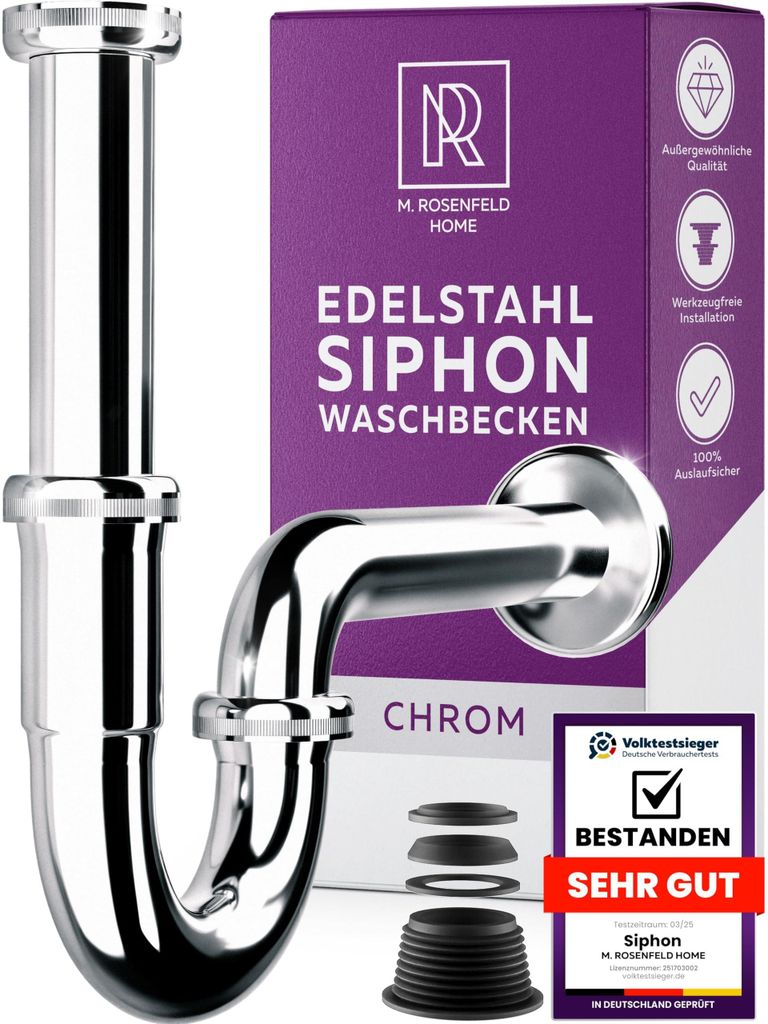 M. ROSENFELD HOME Siphon Waschbecken – Edelstahl Abflussrohr Waschbecken Tauchrohr 4-8,5cm – Geruchsverschluss – Röhrensiphon 1 1/4" – Kom...
