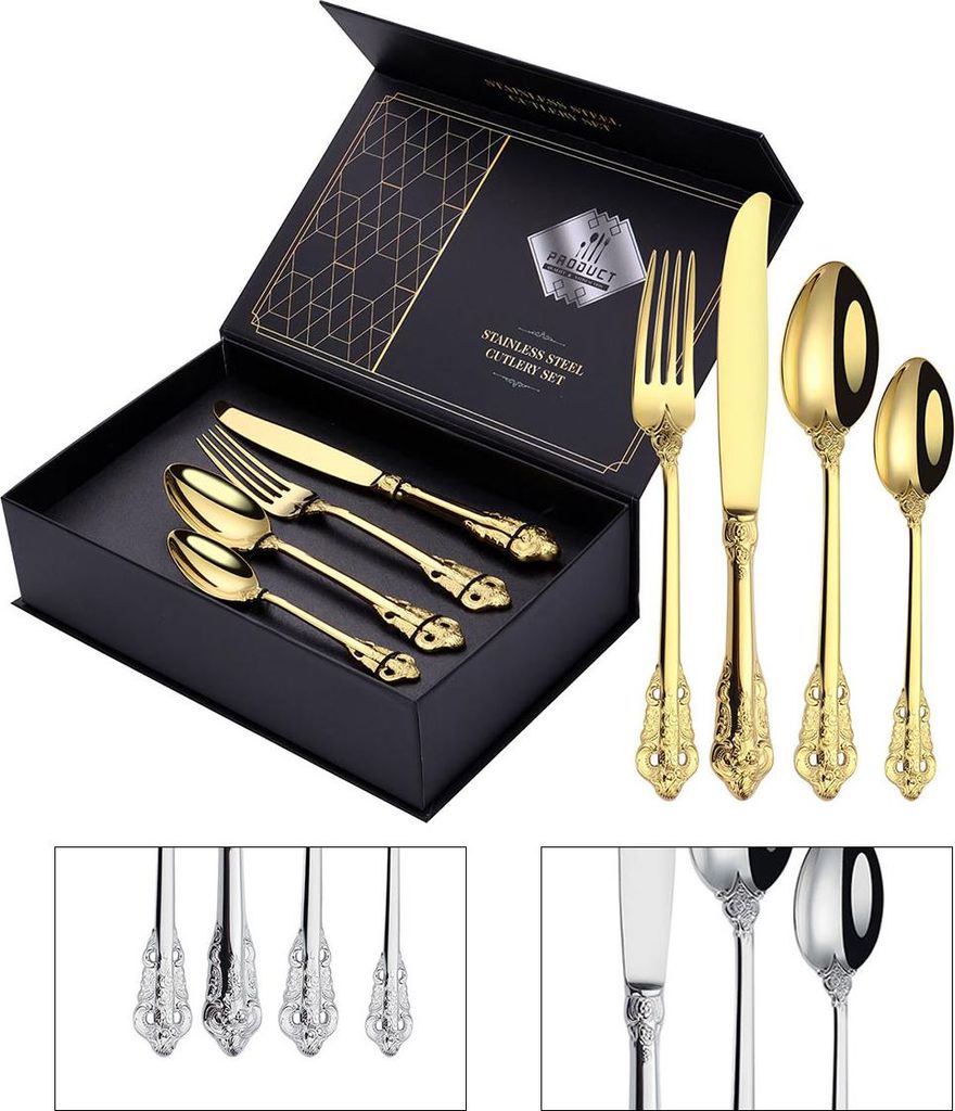 Luxus Besteckset Gold 24 Teile, Messer Gabel Löffel,, Spiegelpoliert, Spülmaschinenfest