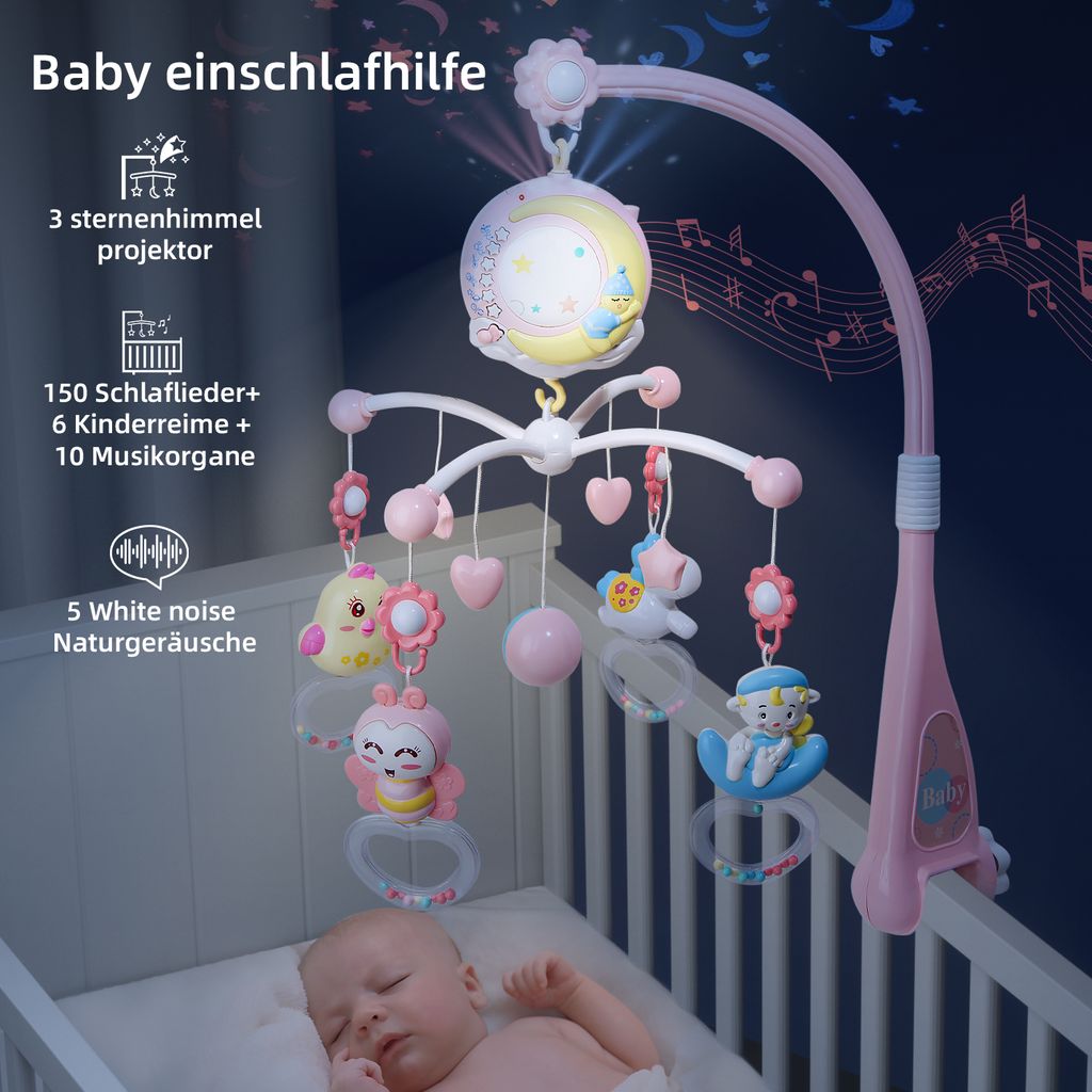 Mobile Baby Mobile Babybett Elektrisch mit Musik und Licht und Timing-Funktion Projektor Für Neugeborene Geschenk Jungen Mädchen Babys einschlafhilfe spieluhr Baby Spielzeug mit 150 Melodien 