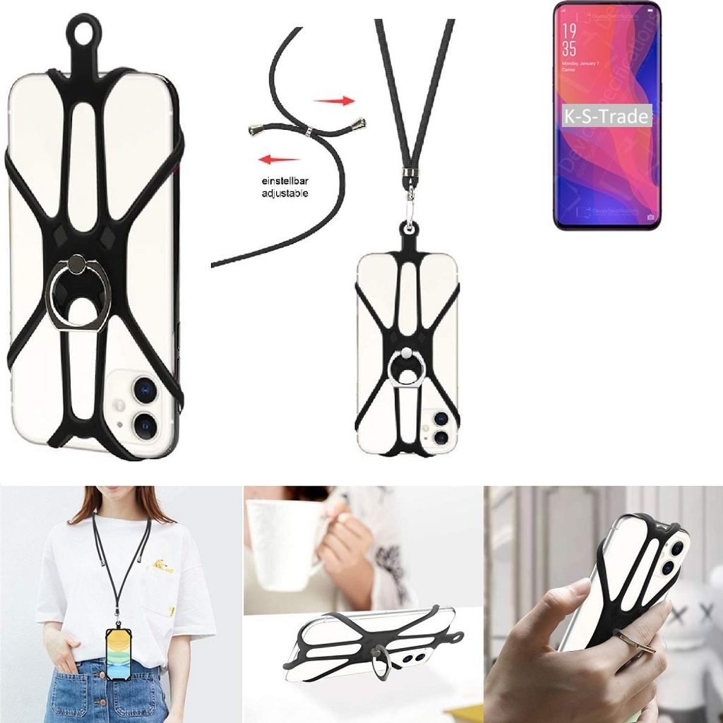 K-S-Trade 3in1 Handykette Handyband Handykordel Halsband Smartphone-Ring Handy-Ring kompatibel mit Oppo Find X Fingerhalterung Handyring Tischständer