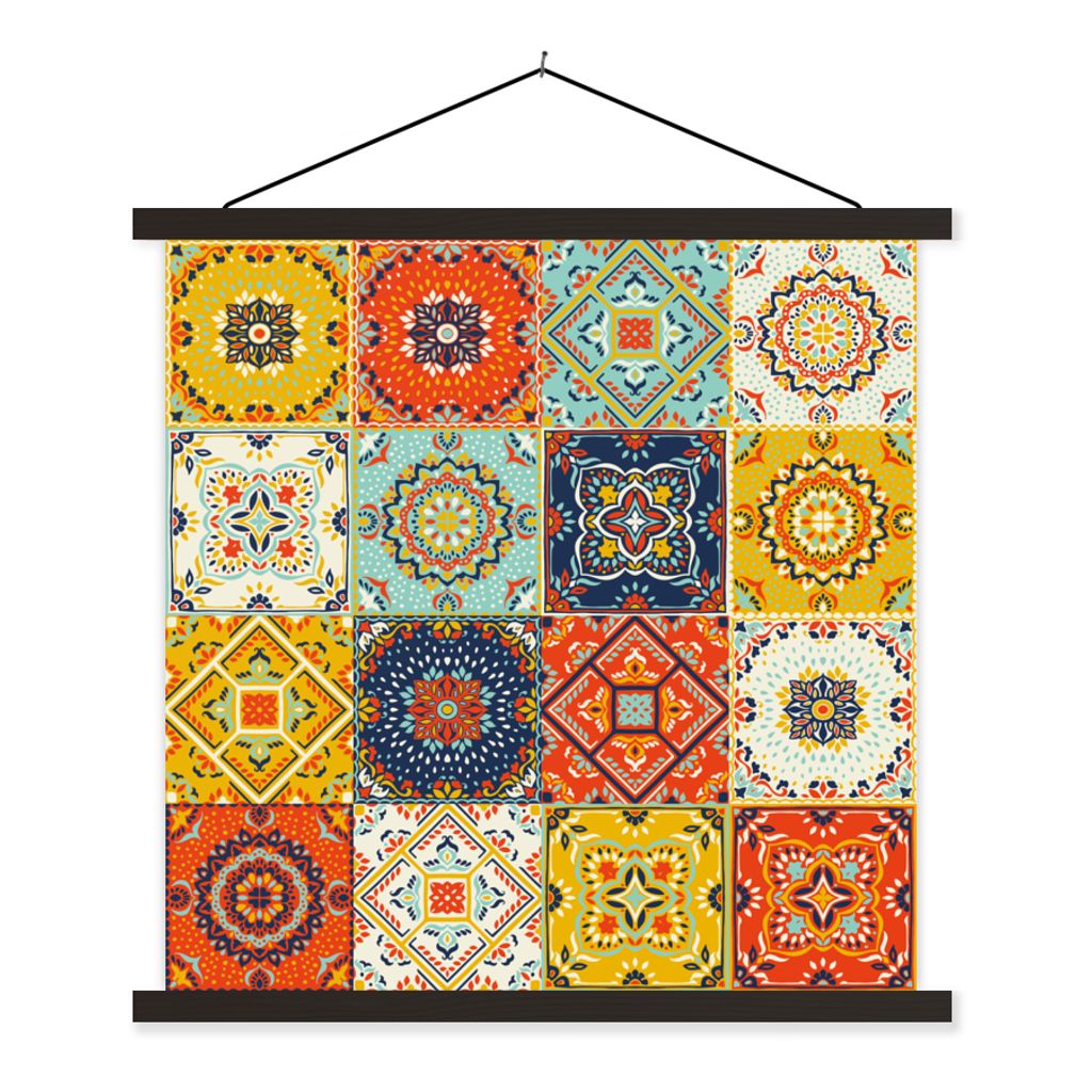 MuchoWow Textilposter Vintage - Blumen - Muster - Weiß - Orange 120x120 cm mit schwarzem Rahmen - Aufhängungsset
