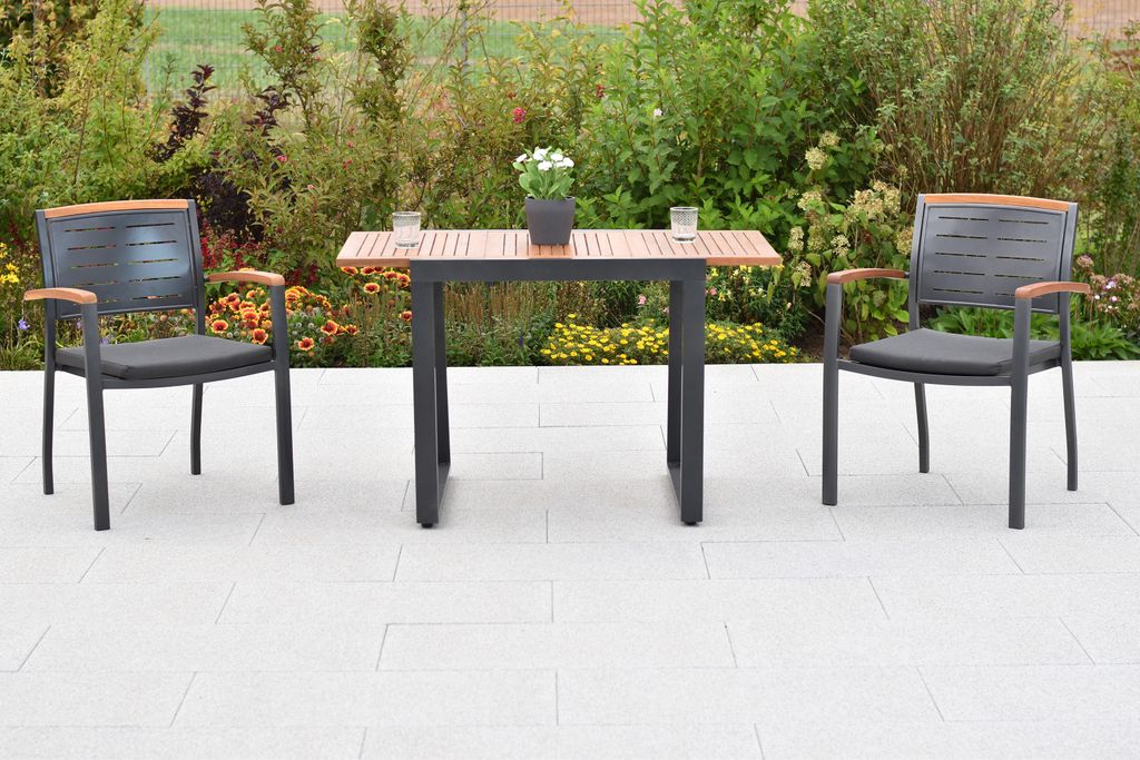 Merxx "Tinos" Gartenmöbel Set 5tlg., 2 Stapelsessel, 2 Sitzkissen, Balkonausziehtisch 80 (120) x 70 cm, Aluminium mit Akazie