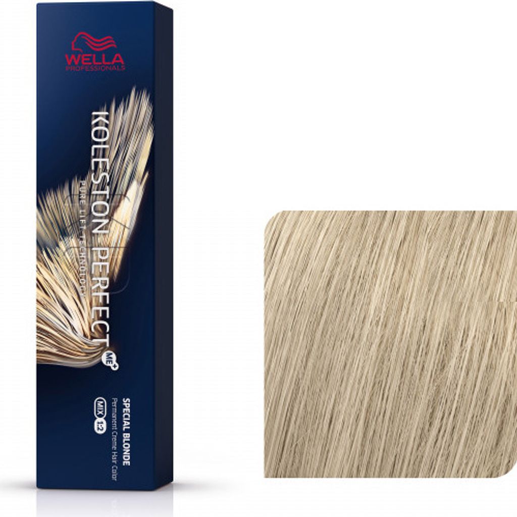 A box of Wella Professionals Koleston Perfect hair dye and a swatch of the resulting hair color.