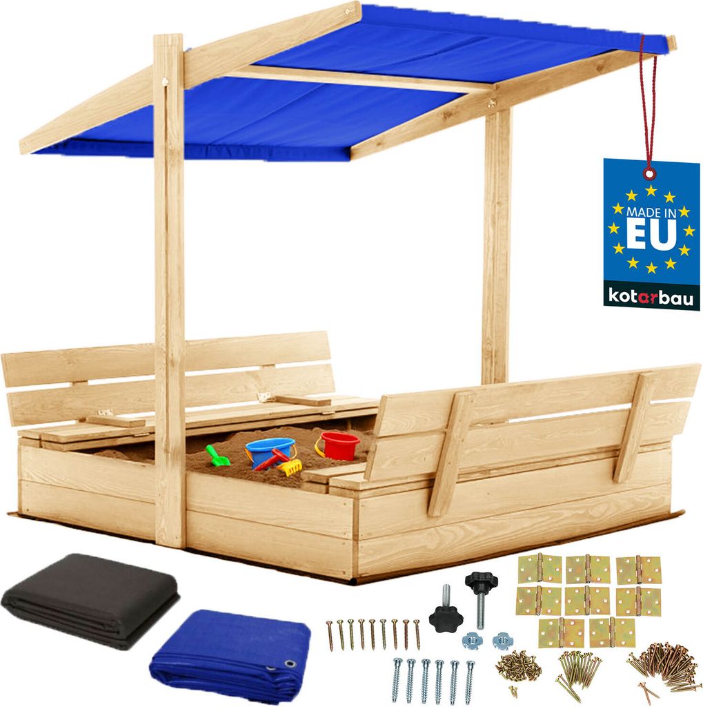 KOTARBAU Sandkasten mit Dach 120x120 cm Holz mit Abdeckung & Sitzbänken Sandkiste Gartenspielzeug für Kinder mit Deckel & Sonnenschutz in Blau