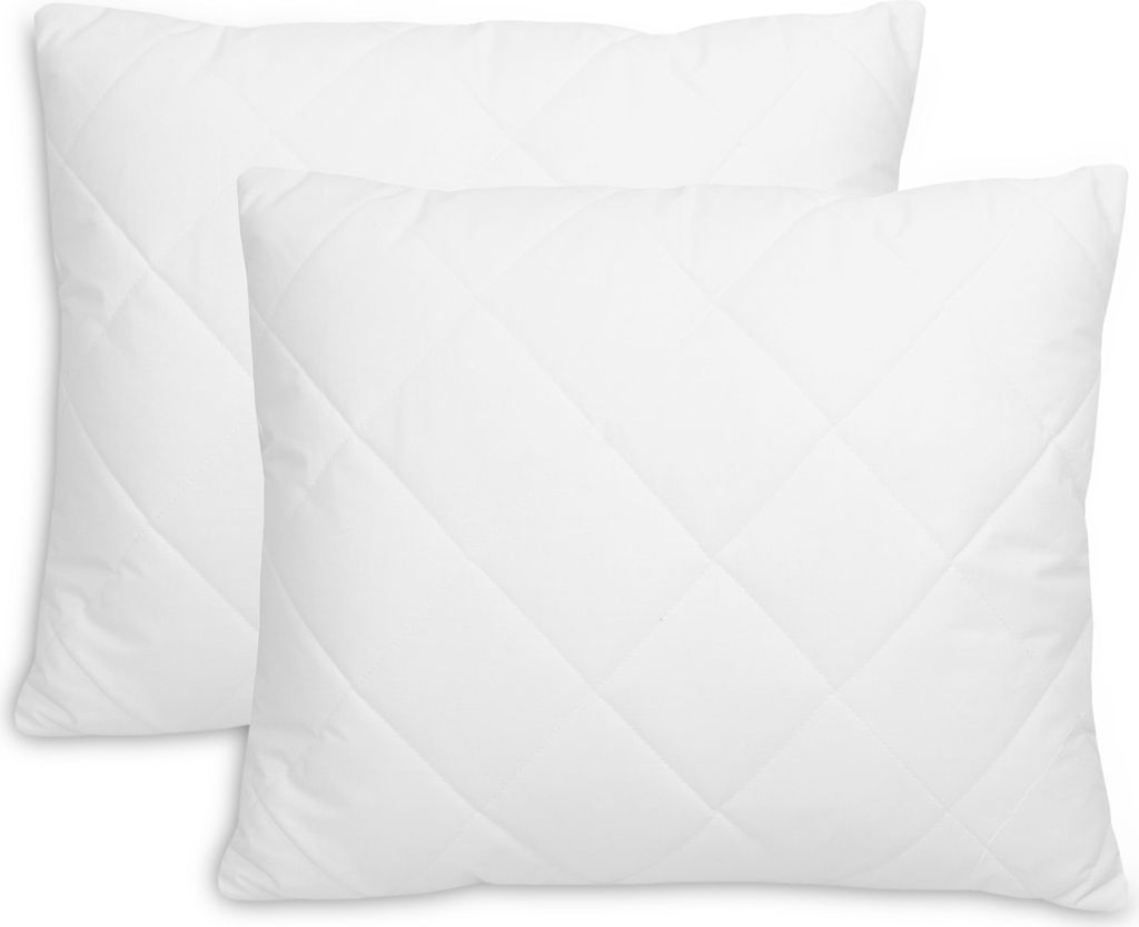 Two white quilted pillows are shown against a white background.