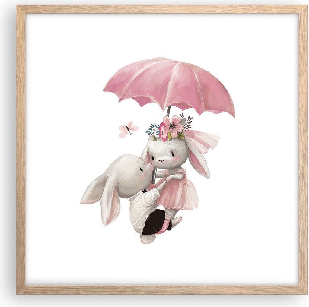 Gerahmtes Poster - Rahmen in heller Eiche - Hasen Regenschirm Kinder - 50x50 cm - Wand Bild - Wanddeko - Wandbilder - Kunstposter - Wandposter - Bi...