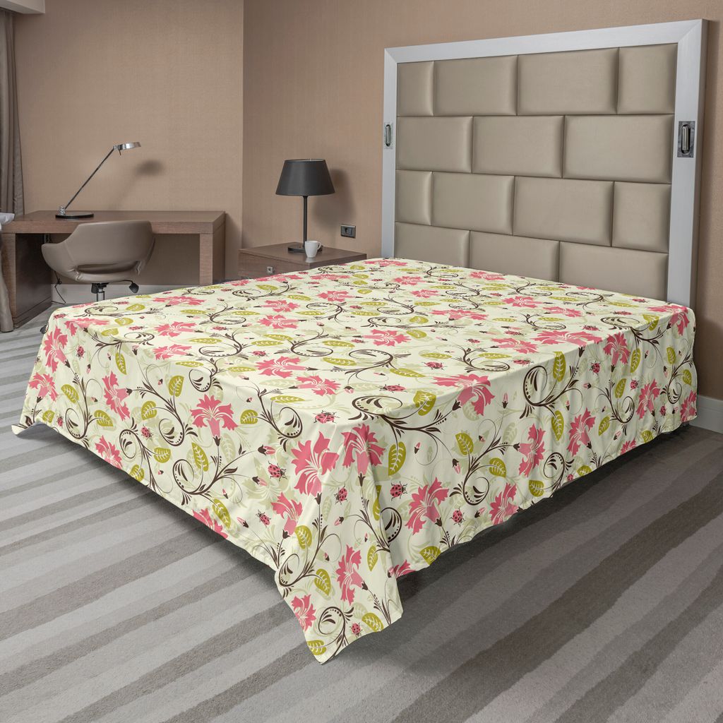 ABAKUHAUS Marienkäfer Bettlaken, Curving Design Mit Marienkäfern Und Retro Features Small Beetles Thema, weiches bequemes oberes Bettlaken für e...