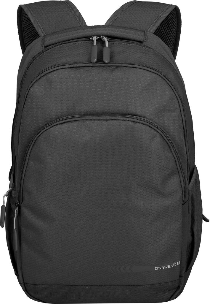 A black Travelite backpack is shown against a white background.