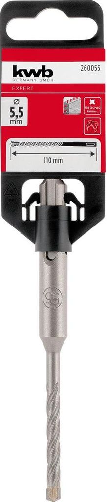 kwb HB4X SDS Plus Hammerbohrer, 110 mm, Ø 5,5 mm (Hartmetall-Platte, Vier Schneiden, Zentrierspitze, Vierfach-Plus-Spirale, Werkzeugstahl, SDS Plus)