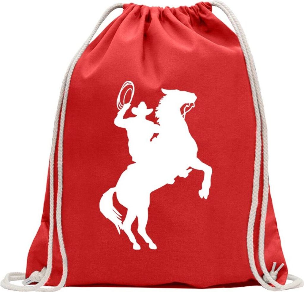 Kiwistar - Turnbeutel - rot - Cowboy mit Pferd Lasso - Fun Rucksack Sport Beutel Gymsack Baumwolle mit Ziehgurt