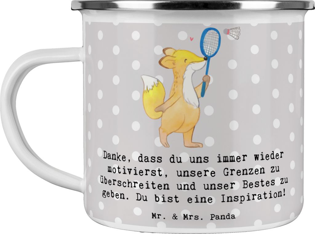 Mr. & Mrs. Panda Emailletasse Badminton Trainerin Inspiration - Grau Pastell - Geschenk, Emaille Becher, Haferl, Techniken, Sportarten, Reisebecher...