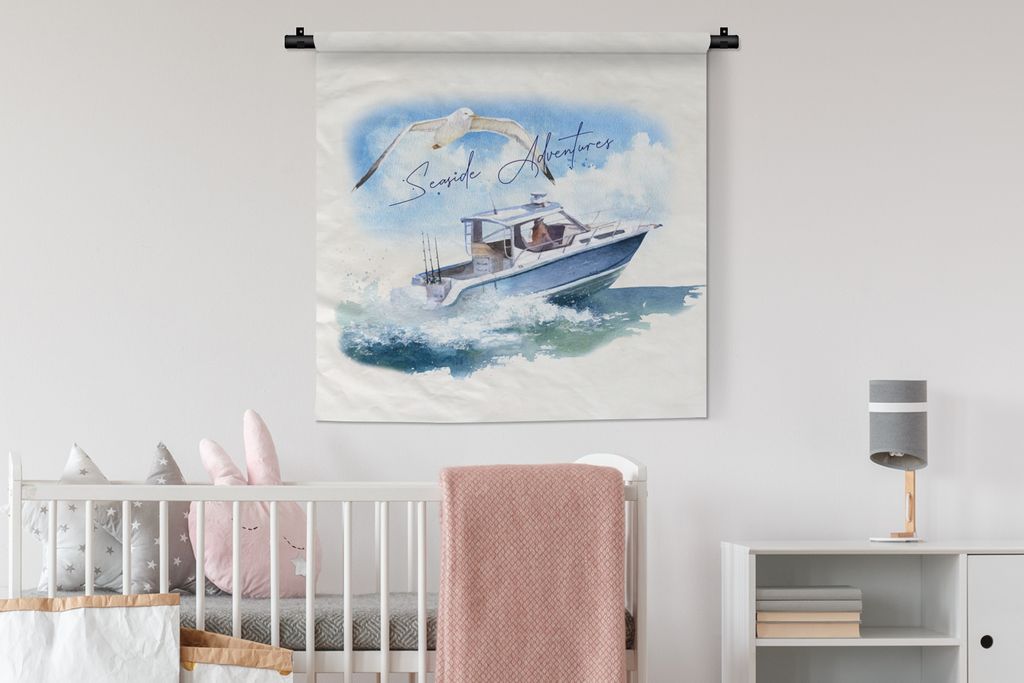 MuchoWow Wandteppich Wandbehang Boot - Vogel - Wasser - Meer 90x90 cm Tapisserie Dekoration Wandtuch - Wandaufhänger