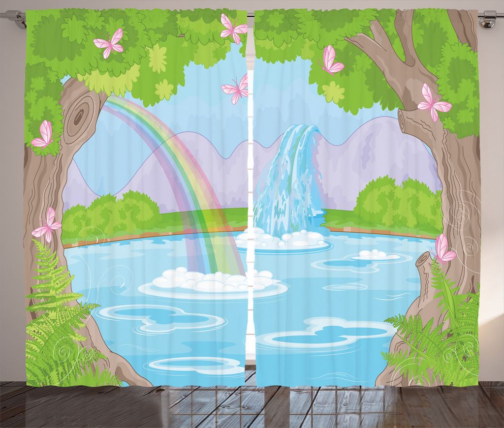 ABAKUHAUS Feminin Rustikaler Gardine, Regenbogen-Schmetterlinge, Schlafzimmer Kräuselband Vorhang mit Schlaufen und Haken, 280 x 245 cm, Grün und...