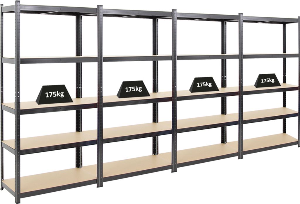 Mega Deal | 4x Schwerlastregal Ragnar | HxBxT 180x90x40cm | 5 MDF-Platten-Ebenen | Fachlast 175kg | Schwarz