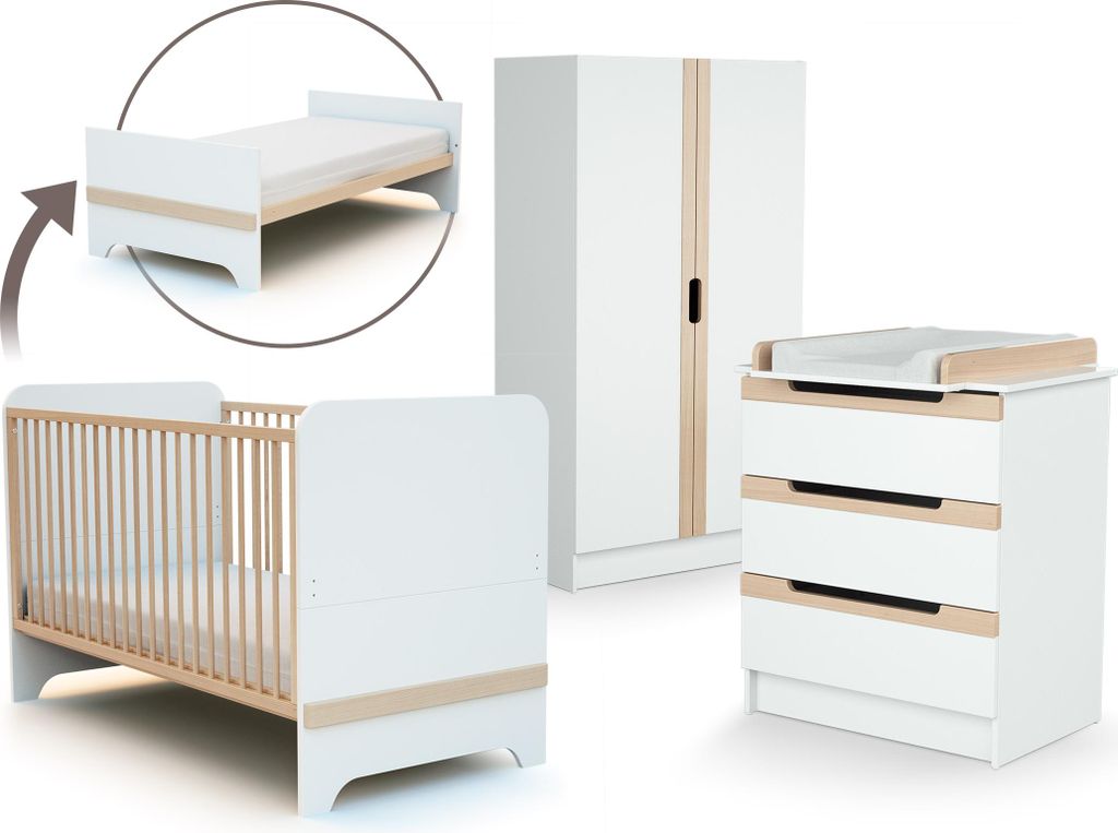 AT4 – Großes Schlafzimmer CAROUSEL Weiß und lackierte Buche | Umwandelbares Bett 70x140 zum Juniorbett | 2 Türen mit Kleiderschrank und 7 Abla...