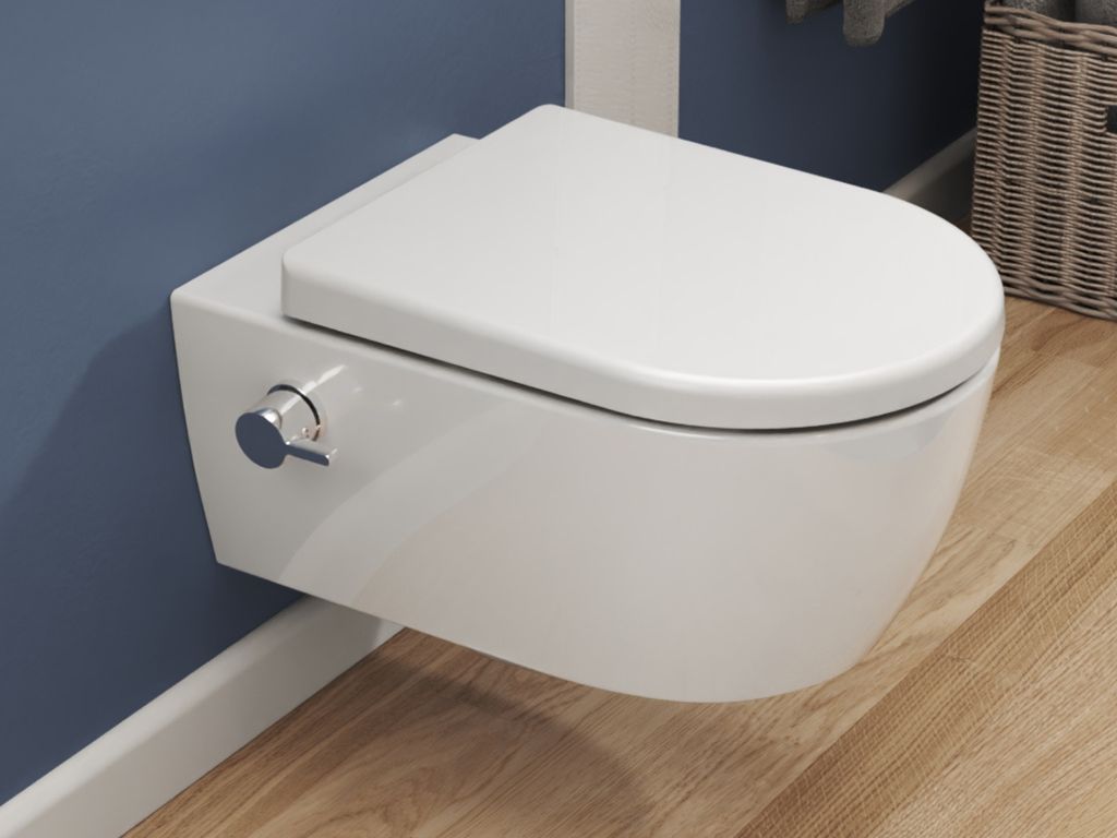 SSWW Taharet WC mit Armatur und abnehmbarer Softclose Sitz Dusch-WC Hänge-WC Toilette mit Bidet-Funktion Hygienisch Shattaf Alpha Unterspülrand