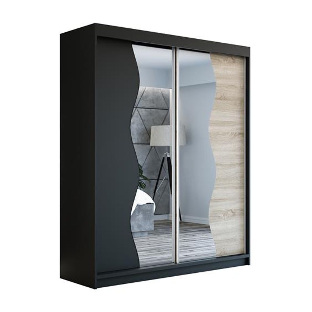 ERA Kleiderschrank 2-türig Mit Spiegel - 120 Cm Schwebetüren Schwarz