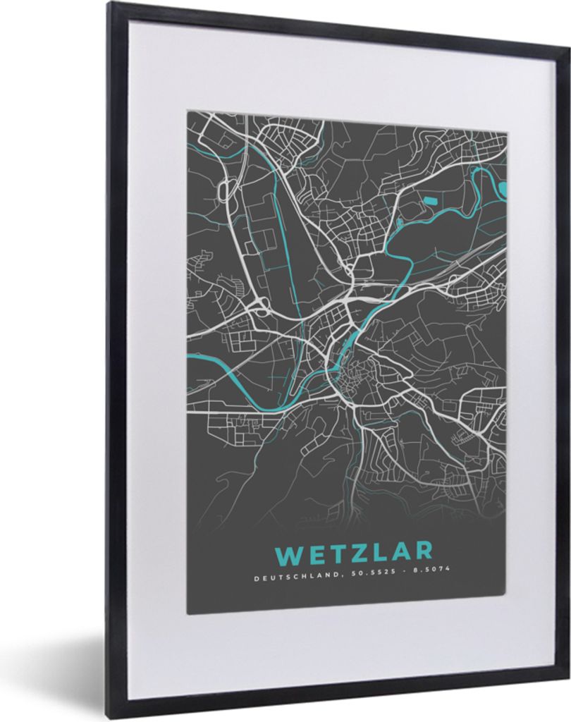 MuchoWow Gerahmtes Poster Blau - Deutschland - Karte - Stadtplan - Wetzlar 30x40 cm - Poster mit Schwarzem Bilderrahmen Wandposter Rahmen Foto Bi...