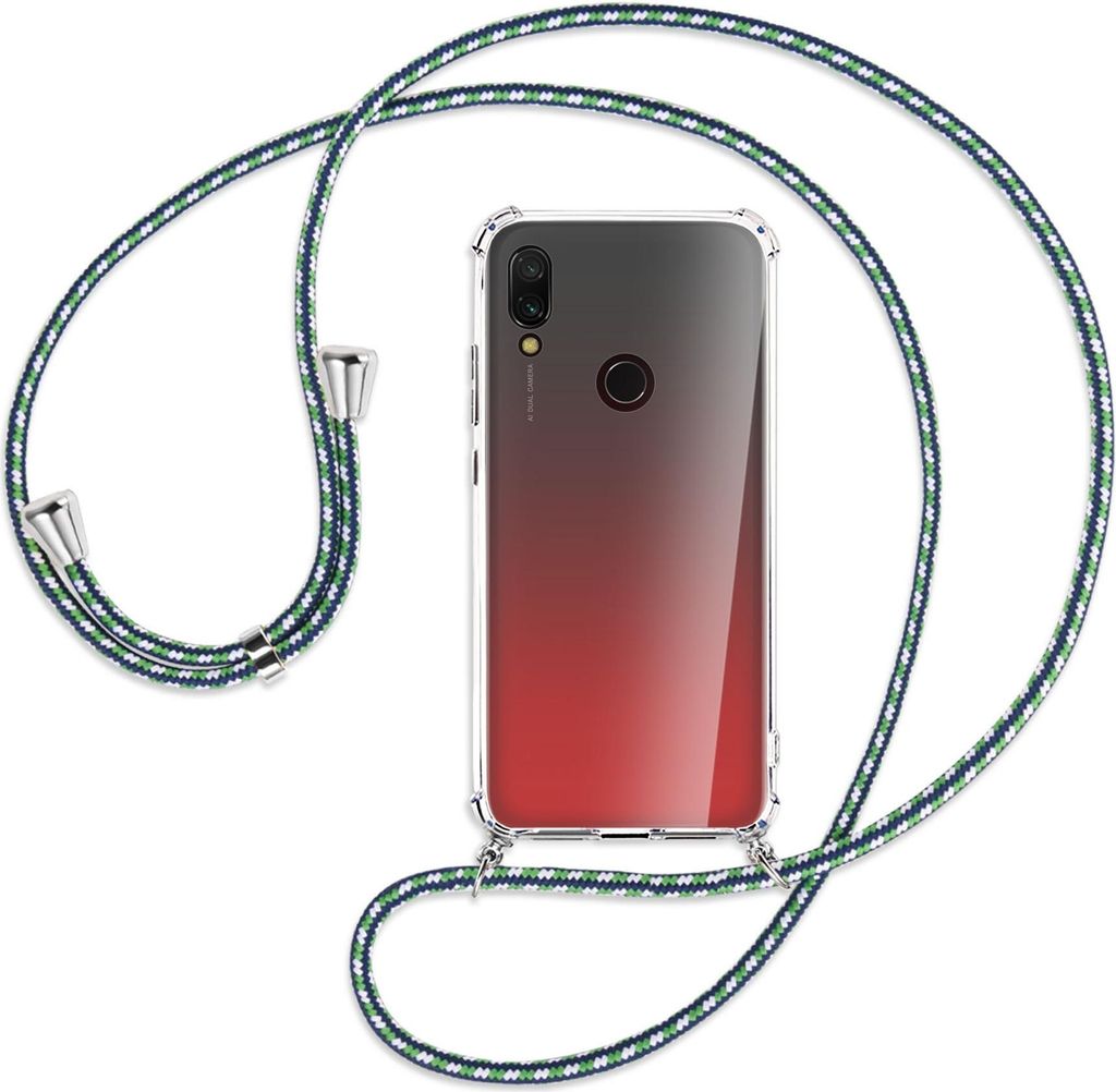 Handykette Backcover-Schutzhülle mit Band (Metall silberfarben) für Xiaomi Redmi 7 - grün/blau/weiß