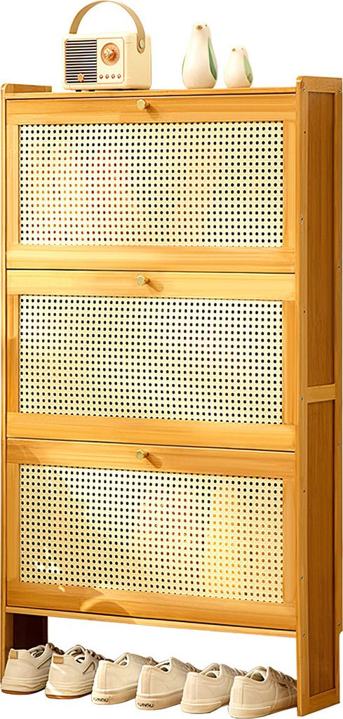 Schmaler Schuhschrank aus Bambus mit Klapptüren und Schublade, Retro-Stil, freistehend, Schuhregal für Flur und Eingangsbereich, 70 x 17 x 87 cm