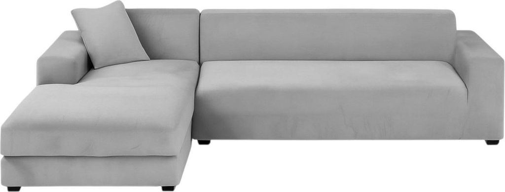 A light gray sectional sofa with a chaise lounge is shown against a white background.