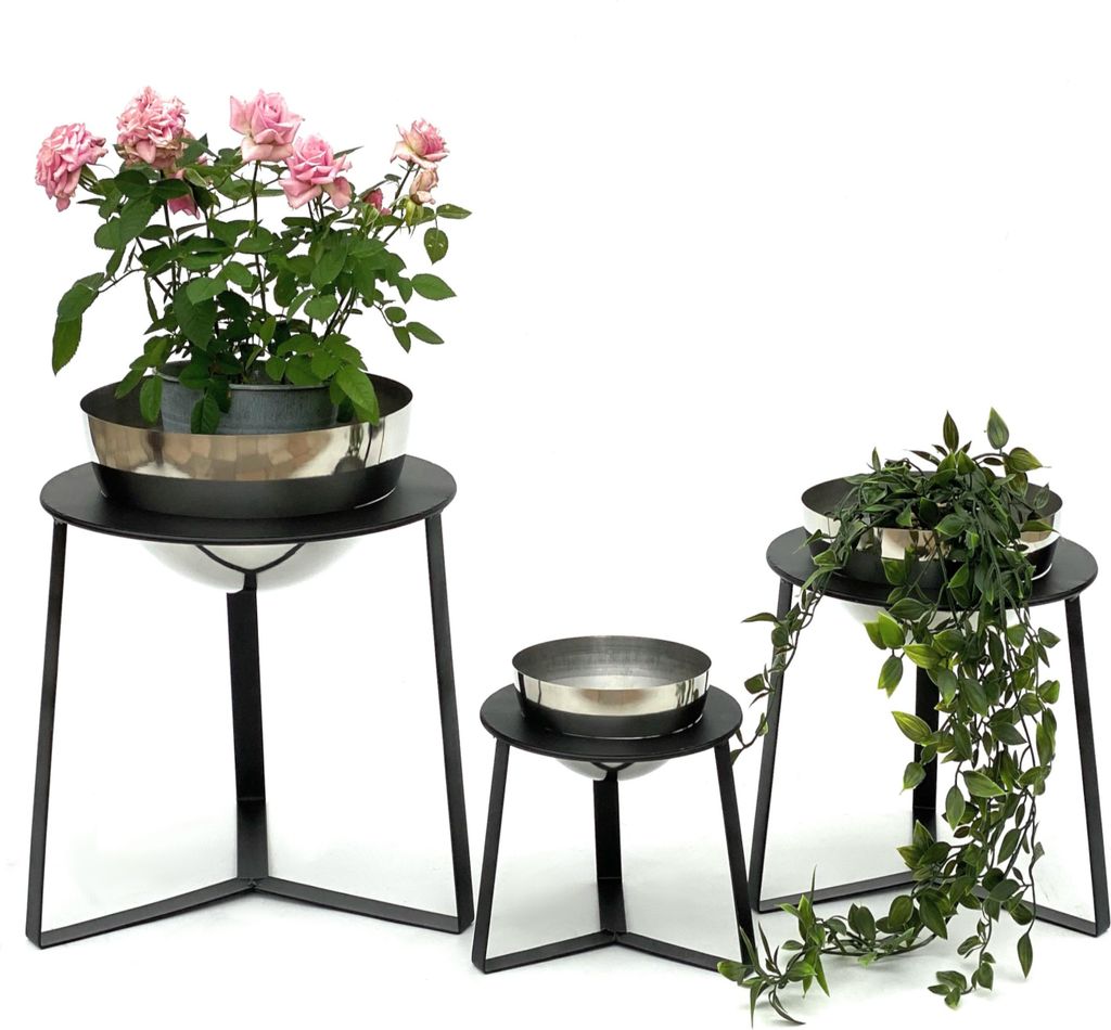 DanDiBo Blumenhocker Metall mit Topf Schwarz Silber Blumenständer 96091 3er Set Blumensäule Modern Pflanzenständer Pflanzenhocker