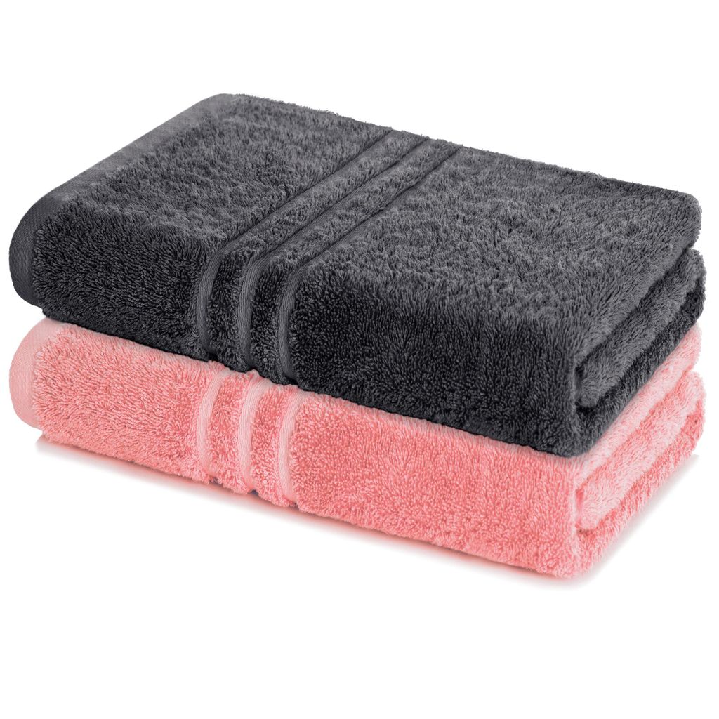 Lavea 2er Set Saunatuch 80x200 cm, Saunahandtuch, 100% Baumwolle Frottier, saugstark, pflegeleicht 60°C, Elena, Anthrazit & Pastellrosa