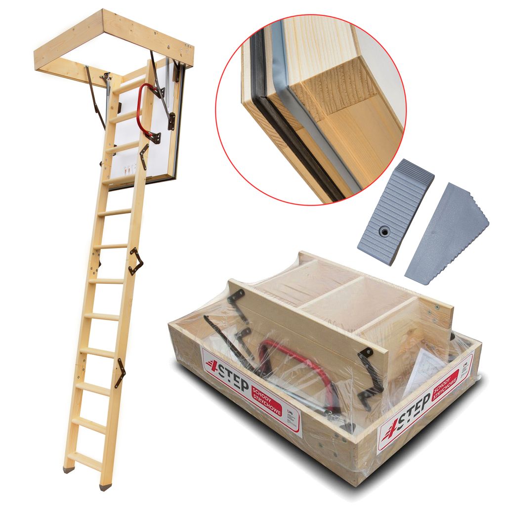A collage of images showing a wooden attic ladder, a close-up of its insulation, and a packaged version of the ladder.