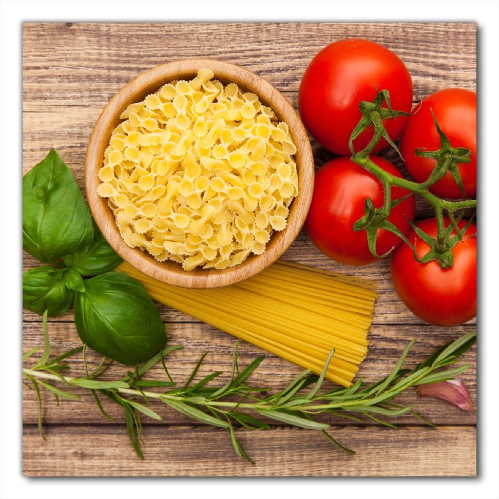 Wallario selbstklebende Möbelfolie/ Tischdecke für Innen und Außen, Größe: 80 x 80 cm - Spaghetti mit Tomaten, Knoblauch und Basilikum