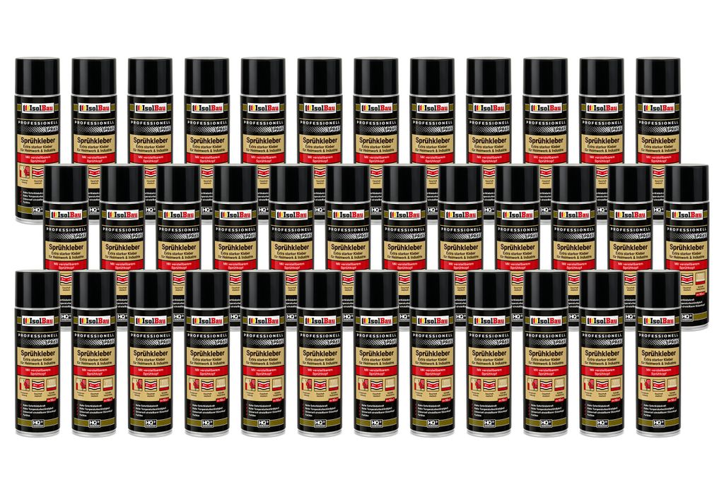 Isolbau Sprühkleber - 36 x 500 ml Extra starker Kleber für Heimwerk & Industrie - Klebe-Spray für Schaumstoff, Holz, Stoff, Leder, Filz uvm