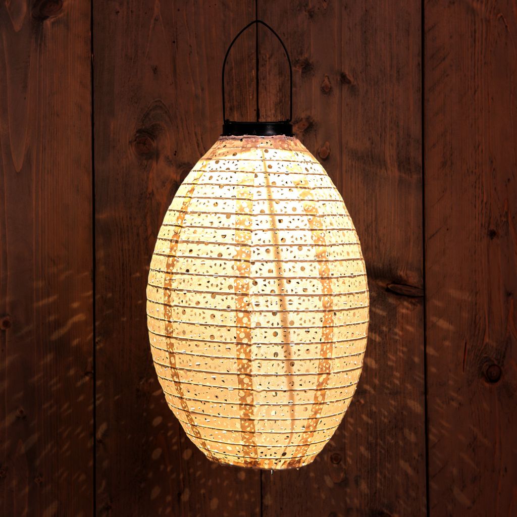 LED Solar Textil Lampion oval sand - 32 cm - Garten Deko Beleuchtung warm weiß