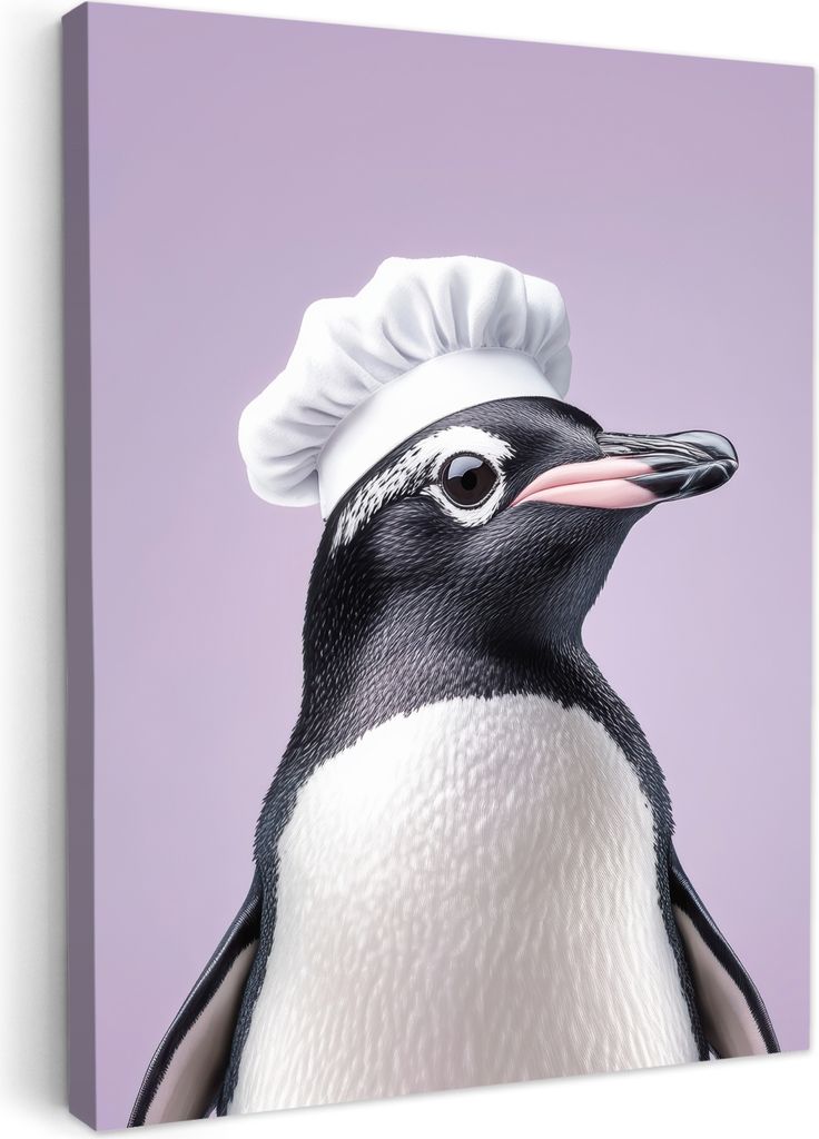 Wanddeko 30x40 cm - Vogel - Kochmütze - Pinguin - Lila, Leinwand Bilder, Wanddeko, Gemälde