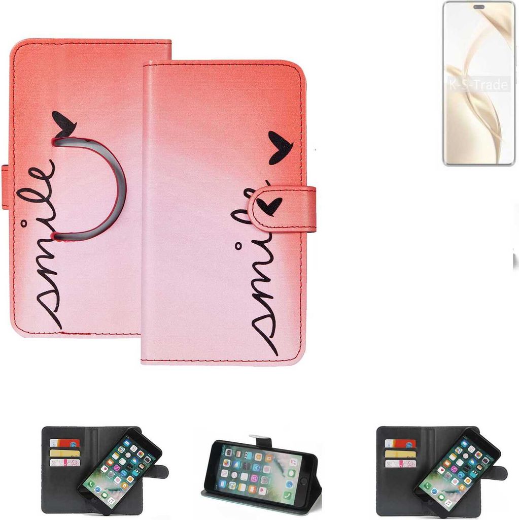 K-S-Trade Schutzhülle Handyhülle kompatibel mit Honor 200 Pro Hülle cover bookstyle Etui ''smile'' rot Standfunktion Kameraschutz (1Stk)
