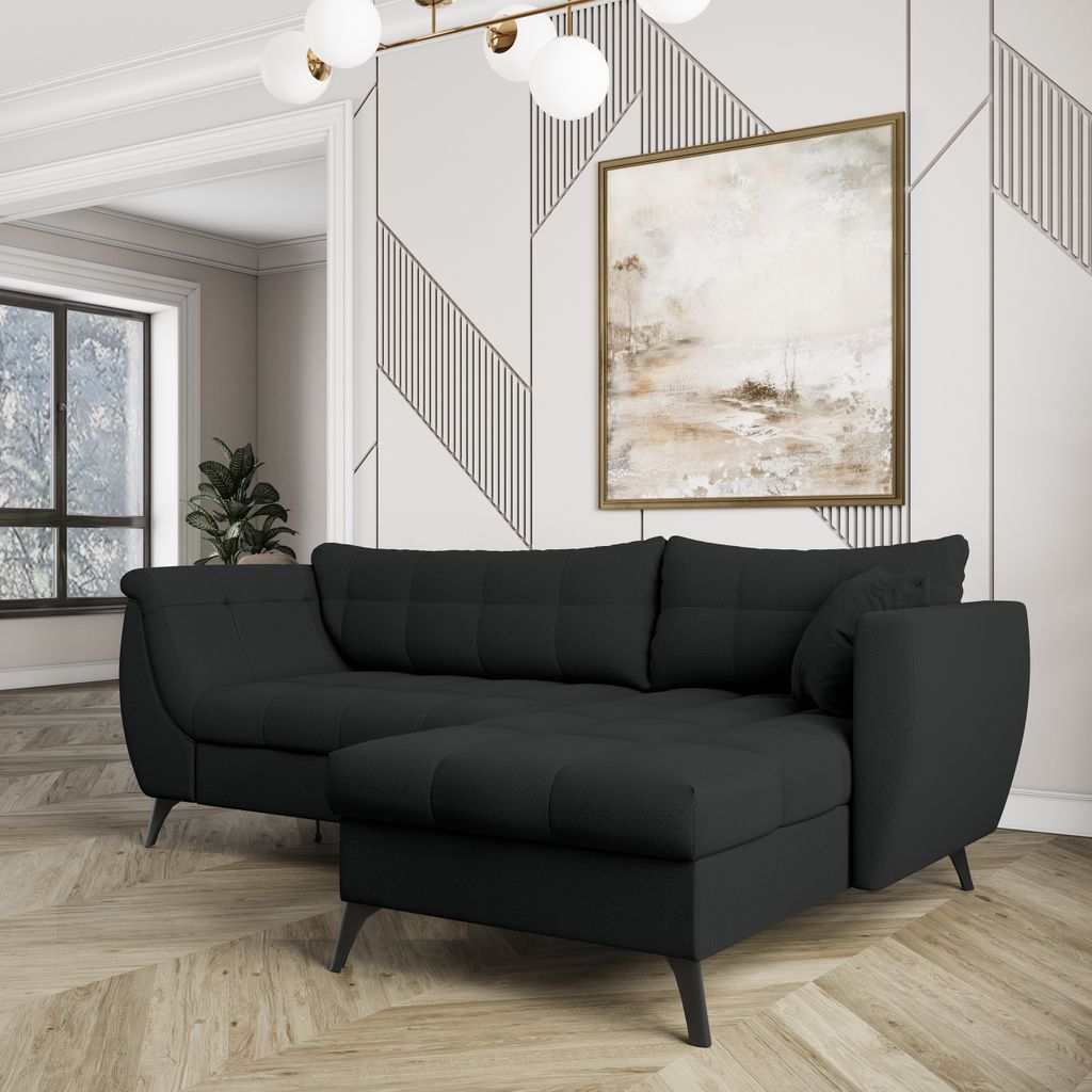 Masseno Ecksofa MOLLIS mit Schlaffunktion L-Form, Sofa mit Bettkasten, Wohnzimmersofa, Couch, Soffa, Bettsofa, Couchgarnitur- Schwarz, SORO 100