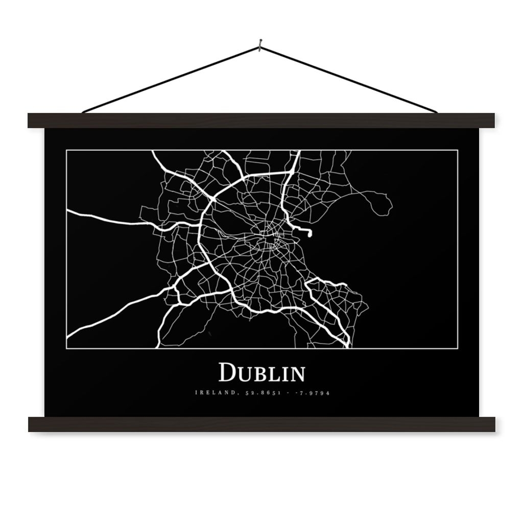 MuchoWow Textilposter Stadtplan - Dublin - Karte 90x60 cm mit schwarzem Rahmen - Aufhängungssatz