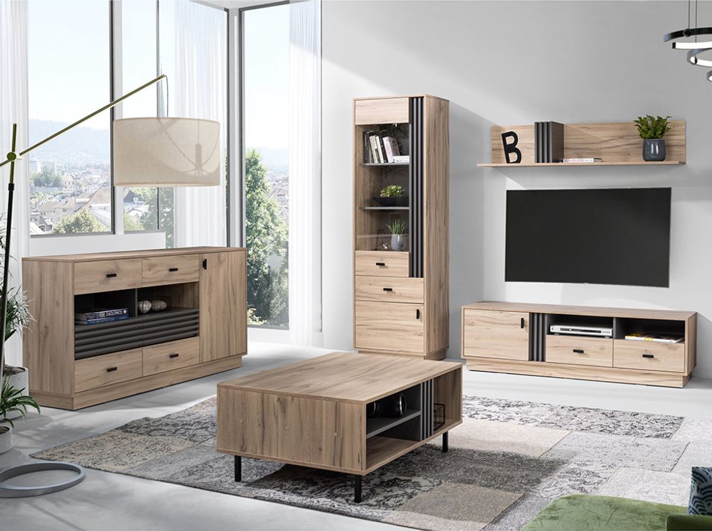 Wohnzimmermöbel-Set mit Sideboard, Lowboard & Vitrine in Eiche Nb., modern 5-teilig ANTIGUA-133