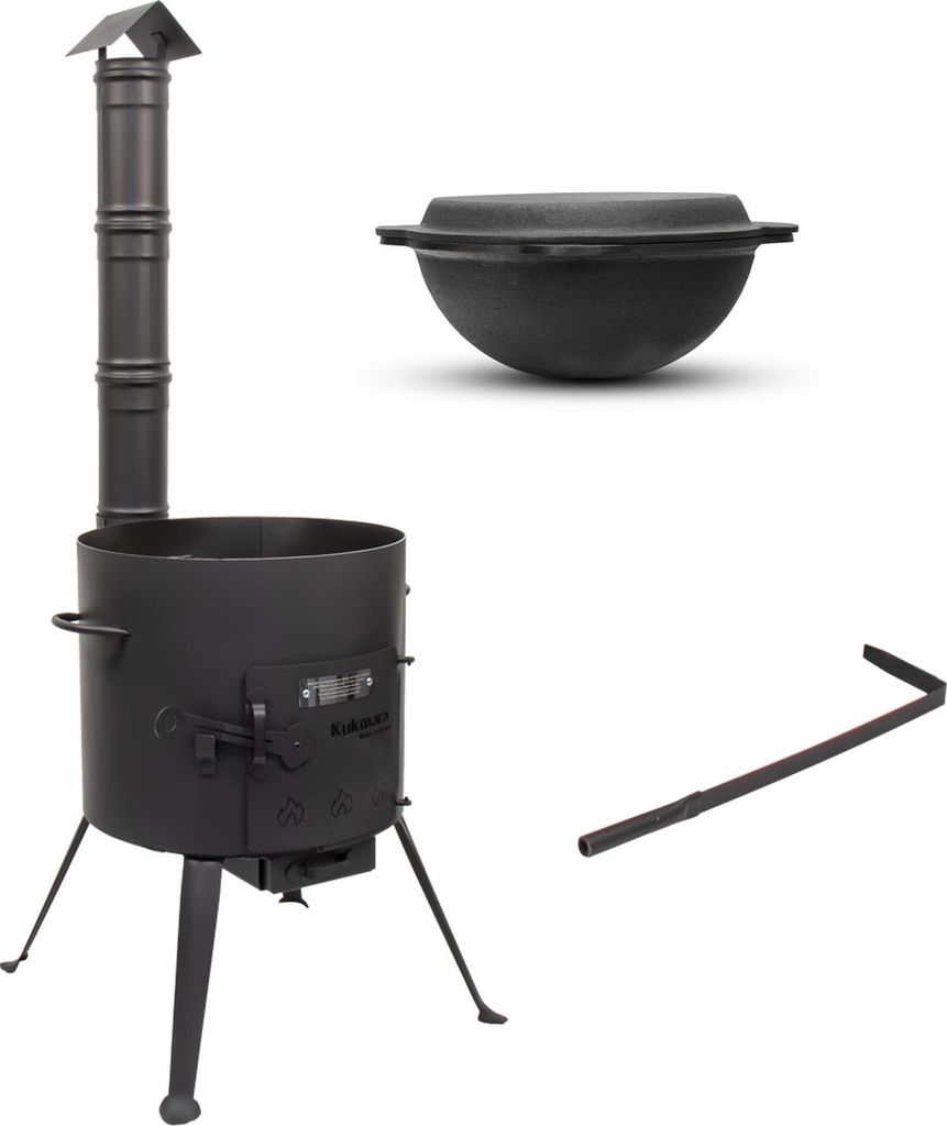 SET Feuerofen UTSCHAK von KUKMARA mit Schornstein Ø45 cm + Kazan Wok aus Gusseisen mit Pfannendeckel 16 Liter Dutch Oven uchag