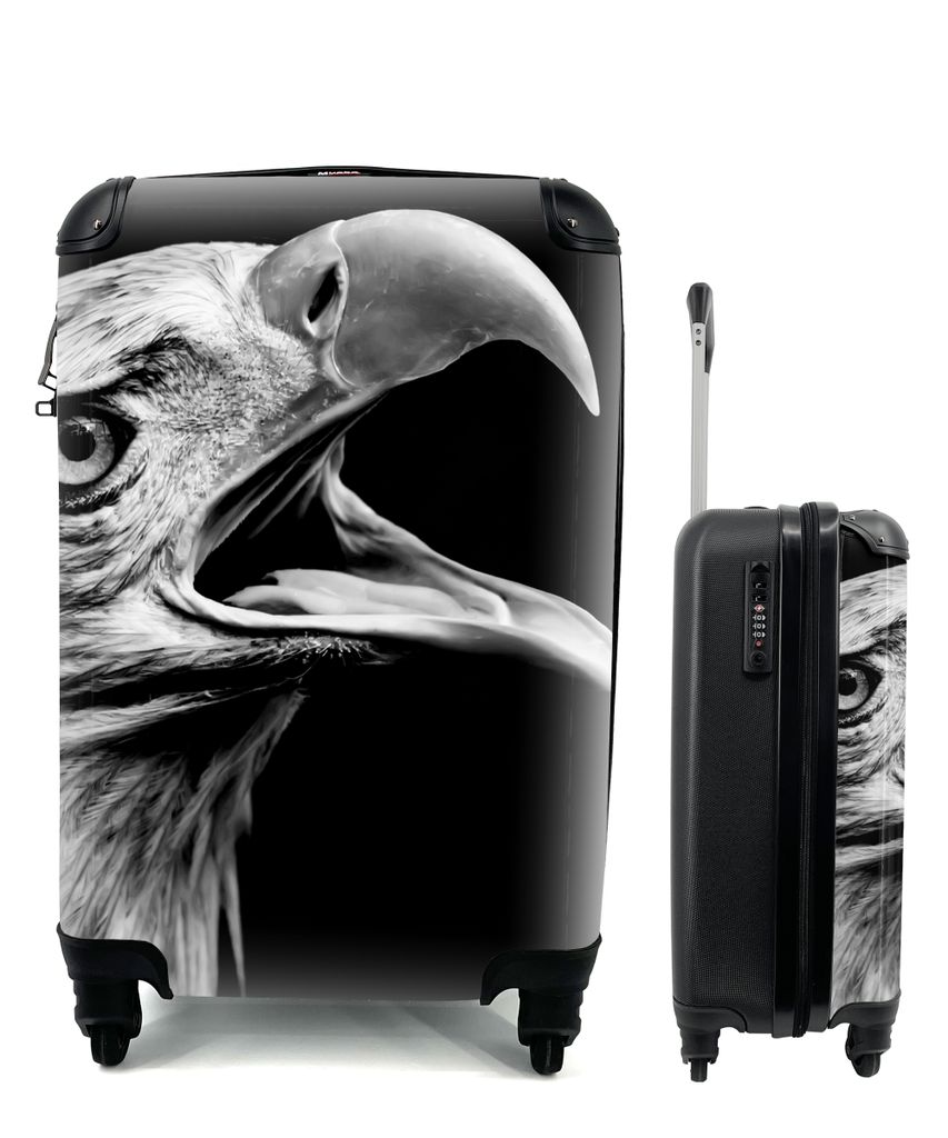 MuchoWow Koffer Handgepäck Trolley Rollkoffer Kleine Reisekoffer mit 4 Rollen - Adler - Porträt - Raubvögel - Schwarz - Weiß - Vogel - Cabin ...