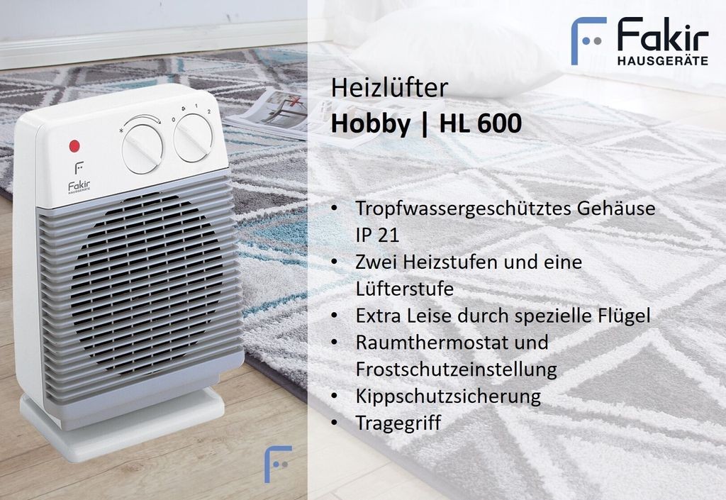 Fakir HL 600 Heizlüfter 2000 Watt, 2 Leistungsstufen, Produktbild 3