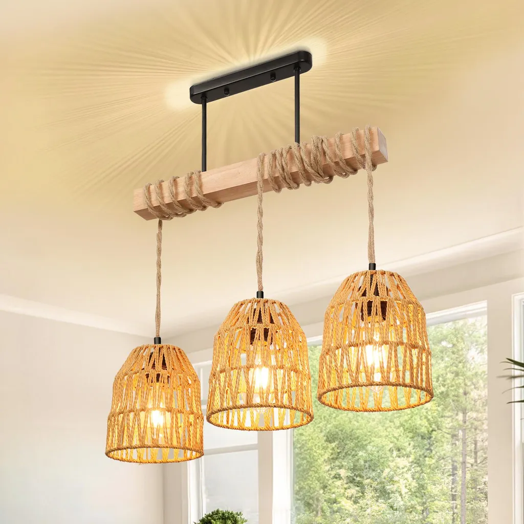 Lampadario 3 Luci Rattan Vintage E27 - Atmosfera Calda Soggiorno e Cucina