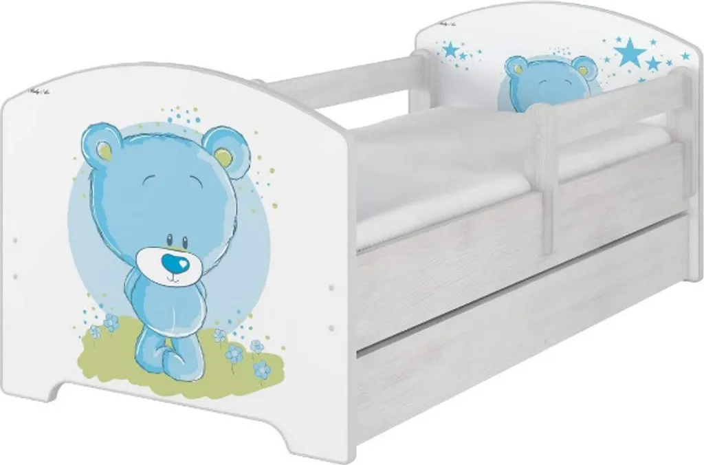 Lit d'enfant 160x80 bois massif avec tiroir et matelas Oursons bleus
