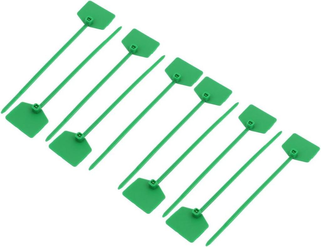 10 selbstsichernde Nylonelemente 3×120 mm, grüne Reißverschlussfaden-Etiketten, Markierungskordelverbinder