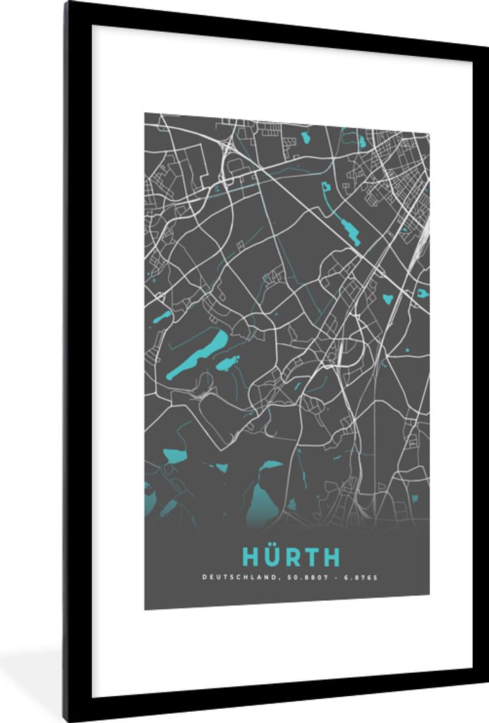 MuchoWow Gerahmtes Poster Stadtplan - Hürth - Deutschland - Karte 60x90 cm - Poster mit Schwarzem Bilderrahmen Wandposter Rahmen Foto Bilder - D...